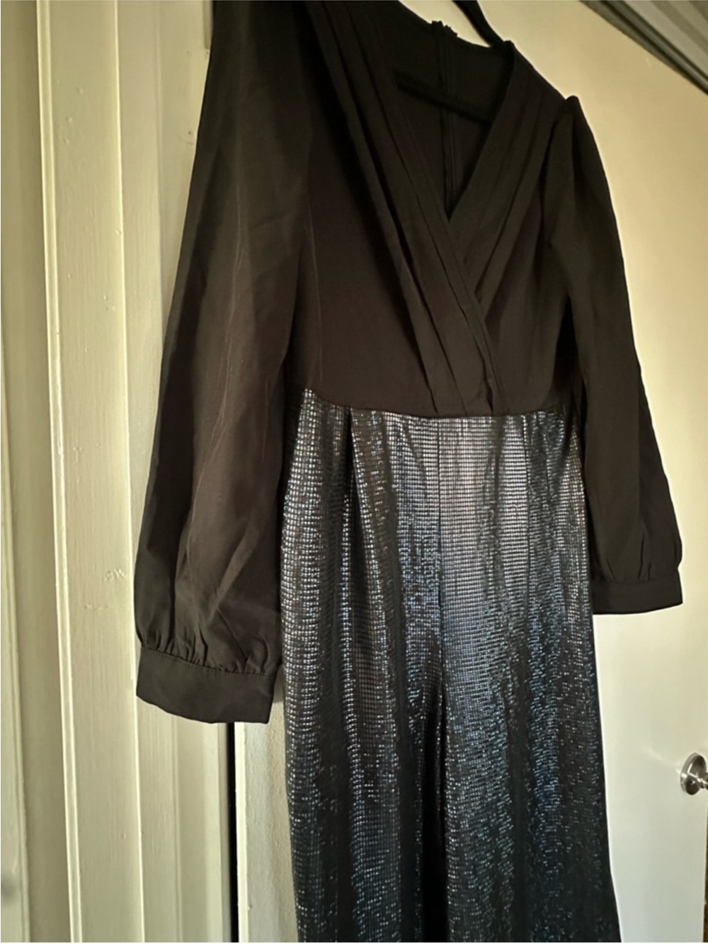 Black Metallic Wide Leg Jumpsuit Wrap V Neck Long Sleeve -  Size M - Picture 2 of 7